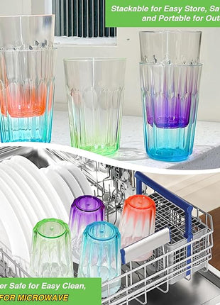 Plastic Drinking Glasses Set of 8, Plastic Cups Reusbale Tumblers for Kitchen Camping, Water Cup Set with Gradient Color, Unbreakable Bathroom Cups, BPA Free, Dishwasher Safe, 15.2oz, 4 Colors,8 Pack