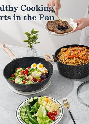 12 Pcs Pots and Pans Set, Nonstick Cookware Sets Black Granite Induction Cookware, Non-toxic Healthy Non Stick Kitchen Cooking Set with Frying Pans Set, Saucepans,Steamer (PFAS, PFOA, PFOS Free)
