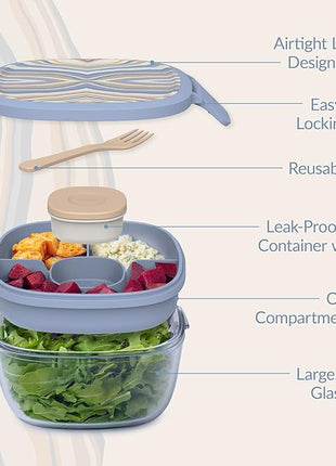 Bentgo Glass Prints All-in-One Salad Container - 61oz Tinted Glass Salad Bowl with Lid, Bento-Style Tray, Sauce Container, & Reusable Fork - Dishwasher & Microwave Safe (Wildly Chic - Soft Blue)