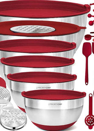Priority Chef Stainless Steel Mixing Bowls with Lids Set - Premium 30Pcs with 6pc Metal Bowl Set for Kitchen, 3 Graters, Airtight Lids, Non-Slip Bases & Silicone Utensils, Red