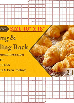 2PCS Cooling Racks for Cooking and Baking - 10" x 16"Heavy Duty Stainless Steel Wire Rack for Baking, Grilling, Roasting - Oven & Dishwasher Safe - Fits Half Sheet Pan（Rose Gold）