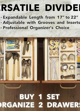 SpaceAid Bamboo Drawer Dividers with Inserts and Labels, Kitchen Adjustable Drawer Organizers, Expandable Organization for Home, Office, Dressers, 10 Dividers with 24 Inserts (17"-22" White)
