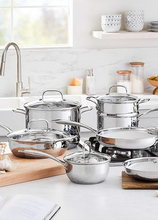 Amazon Basics Stainless Steel Cookware 11-Piece Set, Oven Safe, Pots and Pans, Induction-Ready, Even Heating, Easy to Clean, Heavy Duty, Silver
