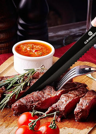 G.a HOMEFAVOR Steak Knife Set: 8-Piece Stainless Steel Sharp Serrated Knives Set with PP Handle for Kitchen, Full Black