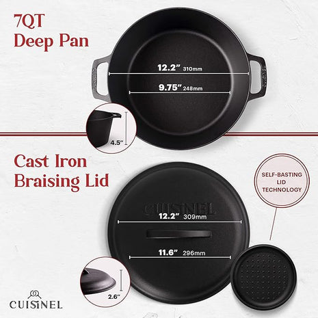 Cuisinel Cast Iron Dutch Oven - 7-Quart Deep Pot + Lid + Pan Scraper + Handle Covers - Large Pre-Seasoned Cooker for Baking Bread, Soup, Frying - Indoor/Outdoor Kitchen, Camping, Fire, BBQ Safe