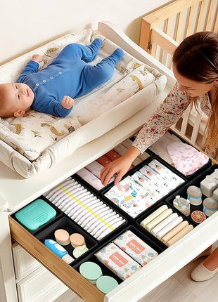 DIMJ Drawer Organizers Clothes, Set of 16 Dresser Organizer Bins, Fabric Closet Organizers and Storage, Shallow Drawer Dividers for Nursery, Clothing, Baby Clothes, Socks, Underwears, Tie (Black)