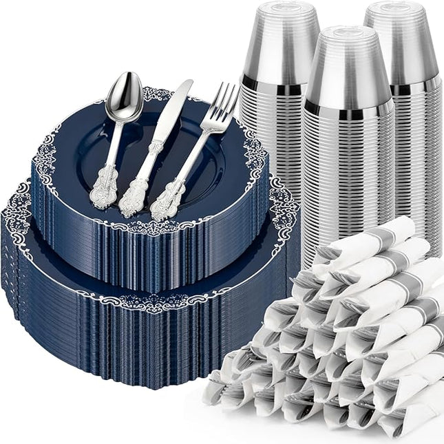 350PCS Navy Blue Plates for 50 Guests, Disposable Dinnerware Sets Include 100 Plastic Plates, 50 Silverwares, 50 Cups, and 50 Pre Rolled Napkins for Party, Wedding and Graduation