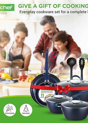 NutriChef 11 Piece Pots and Pans Set - Non Stick Cookware Set with Ceramic Coating, Cool-Touch Handles, Induction Ready, Includes Lids, and Utensils - Diamond Blue