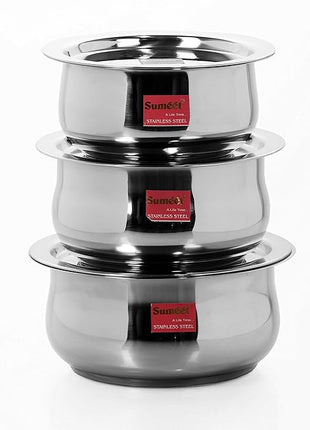 Sumeet 3 Pcs Stainless Steel Induction & Gas Stove Friendly Belly Shape Container Set/Tope/Cookware Set With Lids Size No.12 to No.14