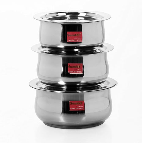 Sumeet Stainless Steel Cookware Set With Lid, 1.6, 2.1 Liters, 3 Piece (Steel)