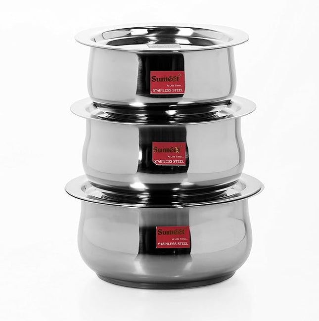 Sumeet Stainless Steel Cookware Set With Lid, 1.6, 2.1 Liters, 3 Piece (Steel)