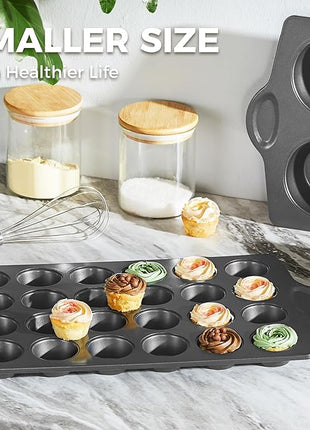 HONGBAKE mini muffin pan nonstick 24, Cupcake Tin for Baking, Commercial Small Cup Cake Tray for Cheesecake, 1.8dia, Heavy-duty, Gray