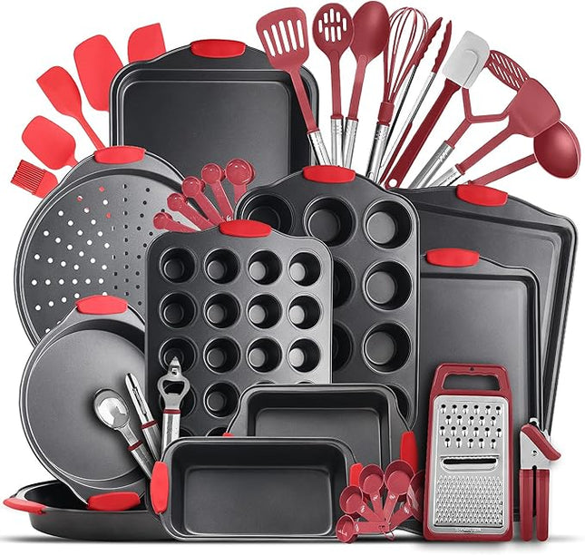 Eatex Nonstick Bakeware Sets with Baking Pans Set, 39 Piece Baking Set with Muffin Pan, Cake Pan & Cookie Sheets for Baking Nonstick Set, Steel Baking Sheets for Oven with Red Kitchen Utensils Set