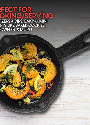 Modern Innovations Mini Black Cast Iron Skillet Set with Silicone Mitt (4 Count) - 3.5 Inch Pans, Pre Seasoned Small Skillets for Baked Cookie/Brownie or Cooked Eggs