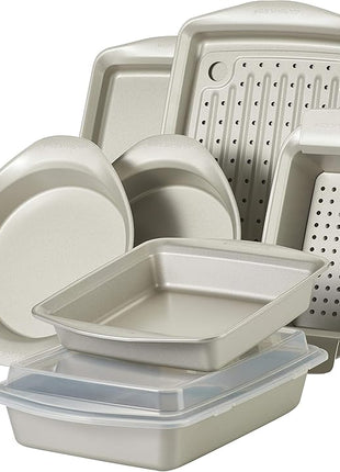 Rachael Ray Nonstick Bakeware Set without Grips includes Nonstick Bread Pan, Baking Pans, Cake Pans, Cookie Sheet / Baking Sheet - 10 Piece, Silver