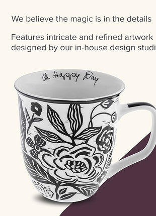Karma Gifts 16 oz Black and White Boho Mug Floral - Cute Coffee and Tea Mug - Ceramic Coffee Mugs for Women and Men, 4.25" x 3.7"