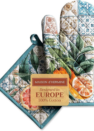 Maison d' Hermine 100% Cotton Oven Mitt & Pot Holder Set (7.5"x13" & 8"x8") Heat Resistant BBQ Cooking Gloves with Loop, Baking, Grilling, Kitchen, Handling Hot Pans Spring/Summer (Agrume)