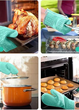 Silicone Oven Mitts, Heat Resistant 2PCS Oven Mitts with Soft Cotton Lining, Waterproof Non-Slip Grip Oven Glove, Kitchen Potholder Mits for BBQ, Baking, Cooking, 12.5 Inch - Green