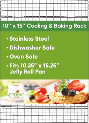Spring Chef 10 x 15 Inch Stainless Steel Cooling Rack for Cooking & Baking - Heavy Duty Cookie Cooling Rack for Kitchen - Oven Safe - Fits Jelly Roll Pan - Dishwasher Safe
