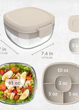 Bentgo Glass All-in-One Salad Container - Large 61-oz Salad Bowl with Lid, 4-Compartment Bento-Style Tray, 3-oz Sauce Container, & Reusable Fork - Dishwasher, Microwave, & Oven Safe (White Stone Tan)