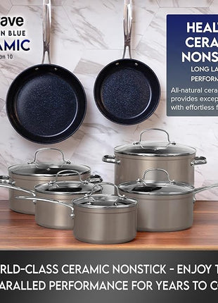 Nuwave Healthy Duralon Blue Ceramic Nonstick Cookware Set, Diamond Infused Scratch-Resistant, PFAS Free, Dishwasher & Oven Safe, Induction Ready & Evenly Heats, Tempered Glass Lids & Stay-Cool Handles