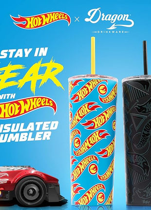 Dragon Glassware x Hot Wheels Insulated Tumbler with Lid and Straw - 24 oz Tumbler Cup with 2 Straws - Stainless Steel Tumbler with Straw for Water, Iced Tea - Travel Coffee Tumbler - Race Team