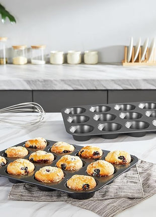 HONGBAKE Muffin Pan with 500 Cupcake Liners, Nonstick Cup Cake Tin for Baking,Premium 12 Cup Cheesecake Trays - Dark Grey
