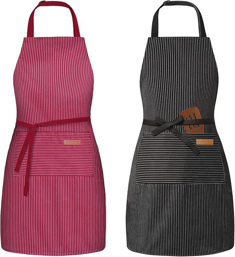 2 Pack Adjustable Bib Apron with 2 Pockets Chef Cooking Kitchen Restaurant Aprons for Women Men
