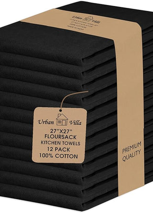 Urban Villa Halloween Flour Sack Kitchen Towels 27”x27” 12 Pack Black Color Dish Towels 100% Cotton Flour Sack Kitchen Towels for Embroidery DIY Projects Cloth Diapers Cheese Strainers Dish Cloths