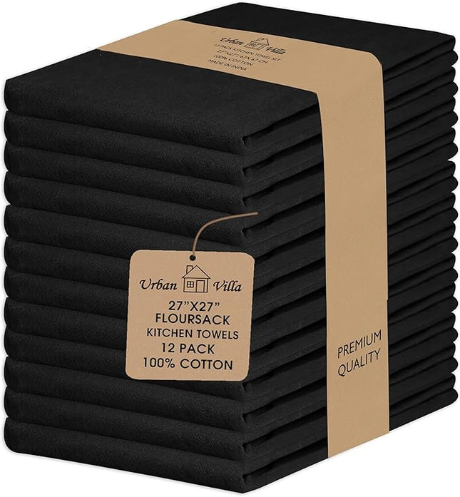 Urban Villa Halloween Flour Sack Kitchen Towels 27”x27” 12 Pack Black Color Dish Towels 100% Cotton Flour Sack Kitchen Towels for Embroidery DIY Projects Cloth Diapers Cheese Strainers Dish Cloths