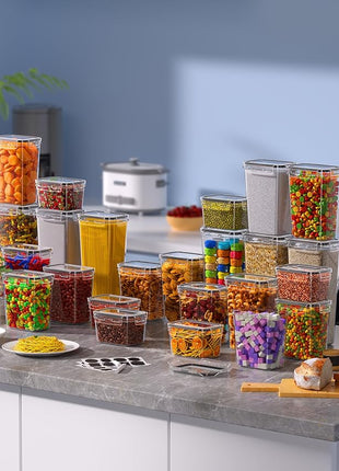 Airtight Food Storage Containers with Lids, 24 PCS Kitchen and Pantry Organization Canisters, BPA-Free, PVC-Free, Food-grade Plastic Leak-proof Jars for Cereal, Flour, Sugar, Extra 24 Labels & Marker
