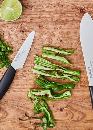 Kyocera Advanced Ceramics – Revolution Series 3-Piece Ceramic Knife Set: Includes 6-inch Chef's Knife; 5-inch Micro Serrated Knife; and 3-inch Paring Knife; Black Handles with White Blades