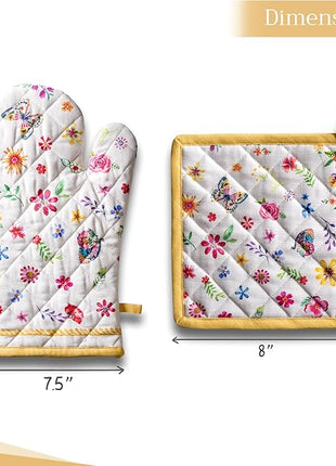 Maison d' Hermine 100% Cotton Oven Mitt & Pot Holder Set (7.5"x13" & 8"x8") Heat Resistant BBQ Cooking Gloves with Loop, Grilling, Kitchen, Handling Hot Pans Spring/Summer (Happy Florals - Sweety)