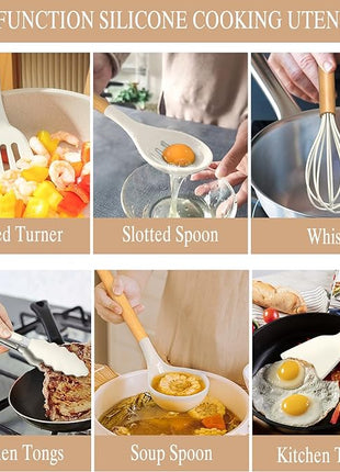 Umite Chef Kitchen Cooking Utensils Set, 33 pcs Non-stick Silicone Cooking Kitchen Utensils Spatula Set with Holder, Wooden Handle Silicone Kitchen Gadgets Utensil Set (Cream White)