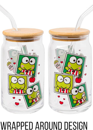 Silver Buffalo Sanrio Hello Kitty and Friends Keroppi Polaroids Glass Jar Tumbler with Bamboo Lid and Glass Straw, 16 Ounces (Pack of 12)