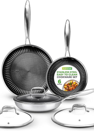 NutriChef 6-Piece Tri-Ply Stainless Steel Frying Pan Set – 8", 10", 12" Non-Stick Skillets with Lids, Induction Compatible, Oven Safe, Scratch-Resistant, Dishwasher Safe