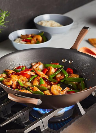 Circulon Symmetry Hard Anodized Nonstick Stir Fry / Wok Pan with Helper Handle - 14 Inch, Chocolate