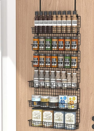 JKsmart 6-Tier Spice Rack Organizer with Door Hook, Wall Mounted & Over the Door Spice Racks for Kitchen Pantry Door Cabinet, Two Size, Large Capacity, Black