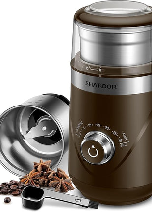 SHARDOR Electric Super Silent Blade Coffee Grinder, Timed Grind Control Rotary Knob, Adjustable Coarse to Fine for Coffee Beans, Spices & Herbs, with 1 Removable Stainless Steel Bowl, Brown