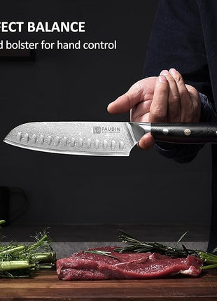 PAUDIN Damascus Knife Set 3 PCS, Japanese VG10 Steel Core, Ultra Sharp Chef Knife Set, Full Tang G10 Handle, Damascus Kitchen Knives