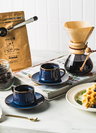 YHOSSEUN Espresso Cups Set of 6, 4 OZ Expresso Shots Cup Small Coffee Cup with Sacuers Metal Stand, Ceramic Espresso Cups for Cappuccino, Latte, Cafe Mocha and Tea, Blue