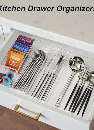 SMARTAKE 25-Piece Drawer Organizer with Non-Slip Silicone Pads, 4-Size Desk Drawer Organizer Trays Storage Tray for Makeup, Jewelries, Utensils in Bedroom Dresser, Office and Kitchen (Clear)