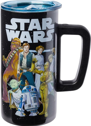 Silver Buffalo Star Wars Featuring Luke Skywalker, Princess Leia, Hans Solo, Chewbacca, Yoda, R2-D2, and C-3PO Double Wall Stainless Steel Travel Mug With Handle, 15 Ounces