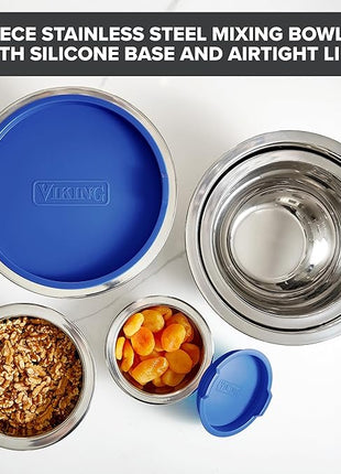 Viking Mixing Bowls Set, 10 Piece Stainless Steel Kitchen Cookware, Non-Slip Silicone Base, Includes Tight Fit Lids, Dishwasher Safe, Blue