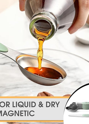 Spring Chef Stainless Steel Magnetic Measuring Spoons Set of 8 with Leveler, Dual Sided Teaspoon & Tablespoon Set, Nesting Metal Kitchen Gadgets for Baking & Cooking, Fits in Spice Jars - Pistachio