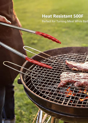 Set of 2 Kitchen Tongs 9-Inch & 12-Inch, Premium Stainless Steel BPA Free Silicone Non-Stick Grilling Barbeque Cooking Locking Food Tongs, Red