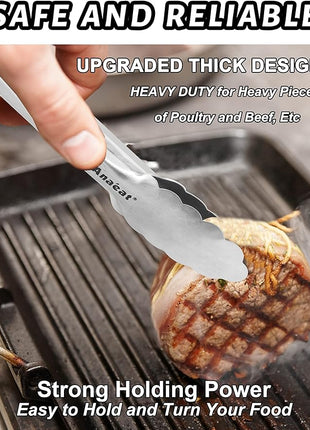 Anaeat 7" Mini Cooking Tong Stainless Steel - Sturdy Coiled Spring Locking Kitchen Food Tong with Non-Slip Silicone Grip for Serving, Cooking, Baking - Heat Resistant up to 480°F (Black)