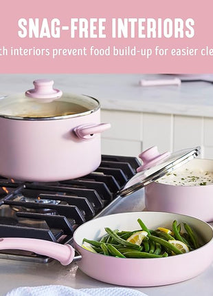 GreenLife 16 Piece Nonstick Cookware Set, Soft Grip Non-Toxic PFAS-Free Ceramic Pots & Pans, Dishwasher & Oven Safe, Frying, Sauce, Saute, Utensils, Glass Lids, Stay-Cool Handles, Wobble Free, Pink