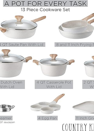 Country Kitchen Non-Stick Cast Aluminum Cookware Set - Durable Kitchen Cookware for Everyday Cooking, Cream, 13 Pc.