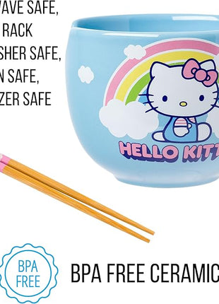 Silver Buffalo Hello Kitty Rainbow and Clouds Ceramic Ramen Noodle Rice Bowl with Chopsticks, Microwave Safe, 20 Ounces